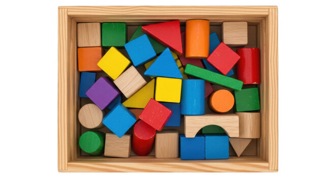 View of a wooden box filled with colorful geometric building blocks in various shapes, isolated on transparent background