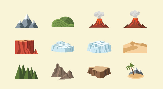 Diverse natural landform illustrations. Featuring mountains, volcanoes, forests, deserts, and ice for environmental design concepts