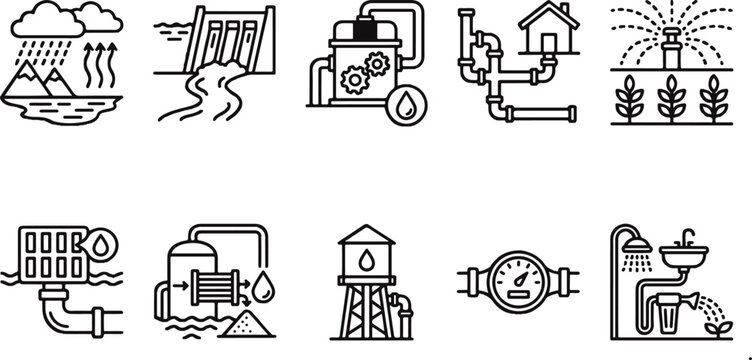 Black and white line icons of water supply and treatment