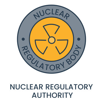 Line icon of a nuclear regulatory authority badge, symbolizing governance, safety compliance, radiation laws, and official certification.