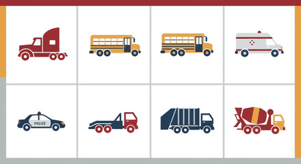 Collection of Various Vehicles Including Trucks, Buses, Ambulances, Police Cars, Tow Trucks, Garbage Trucks, and Cement Mixers © shitul