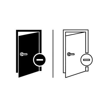 Door icon with a minus sign button representing removal or restricted access in solid and outline graphic style restrict subtraction minimalist
