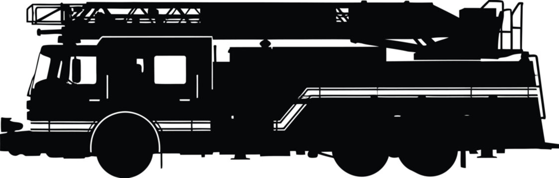 Fire truck with ladder, side view silhouette ladder truck