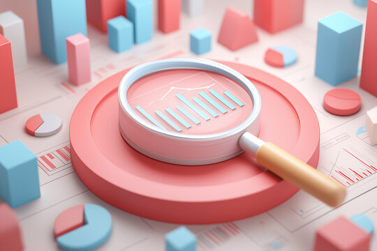 Digital and internet marketing analytics. Statistics data of market and customer research. Magnifying circle chart and graphs