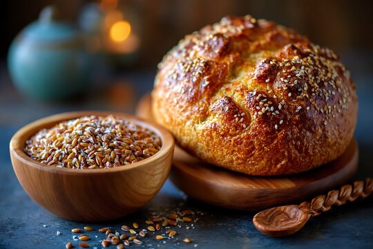 Artisan dutch crunch german bread with sesame seeds on wooden board
