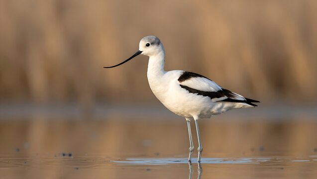Pied Avocet standing in shallow water during golden hour