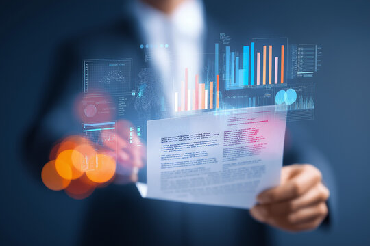 Digital report automation. AI-powered intelligent document processing IDP. Businessperson holding a report with charts