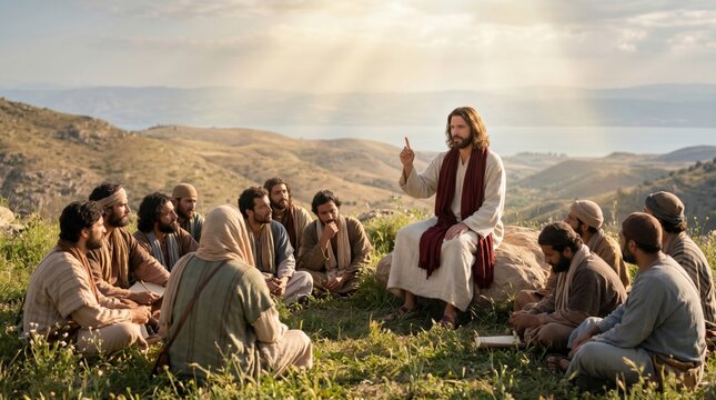 Jesus teaching disciples on mountaintop. Biblical scene of Messiah preaching to apostle followers. Religious scenery of sermon on mount. Christian history and spirituality concept.