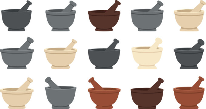 Set of professional kitchen mortar and pestle icons colorful stone and wooden grinding tool collection culinary equipment assets traditional spice crusher isolated on white background