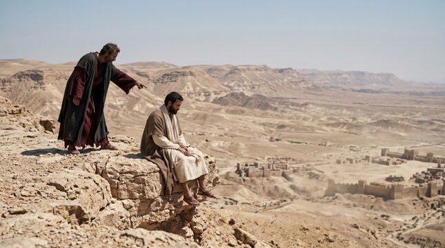 Jesus sitting on a cliff in the desert landscape while the devil points at a city below. Biblical temptation scene from the desert. Religious concept of spiritual trial and faith.