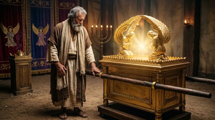 Obraz premium Old priest standing near the Ark of the Covenant inside a tabernacle. Ancient biblical scene depicting holiness and divine presence. Historical religious faith and worship concept.