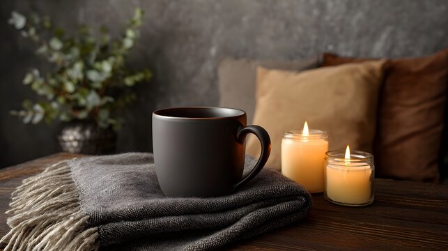 Cozy still life featuring lit candles a dark ceramic mug and draped gray fabric on a rustic wooden surface