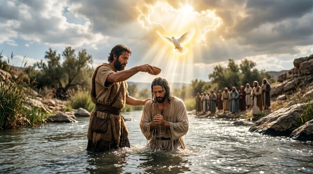 John the Baptist baptizing Jesus Christ in the Jordan River. Biblical scene with a flying dove in the sunlight. Religious tradition of baptism in Christianity. Spiritual faith concept.