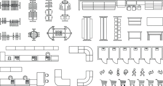 Office floor plan CAD vector symbol set, top view workspace layout elements with desks, cubicles, meeting tables, reception, seating and storage for architectural blueprint design