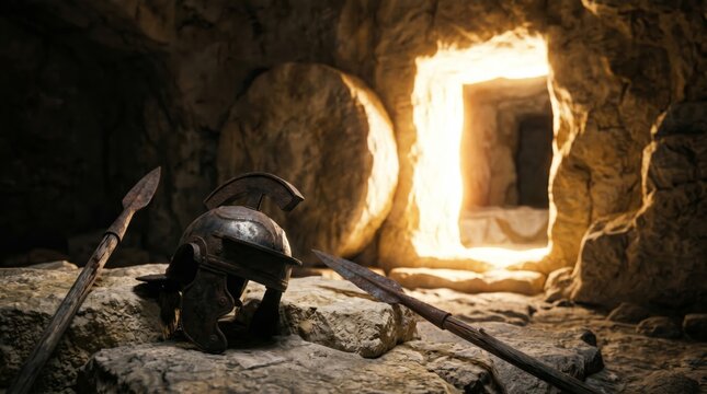 Roman soldier helmet and spear in front of opened empty tomb. Resurrection of Jesus Christ in stone cave. Religious concept of Easter morning and biblical history of Christianity.