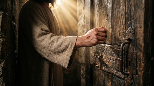 Jesus knocking on wooden door. Man in robe representing savior calling for faith. Biblical scene with light shining, spiritual concept of reaching out to humanity. Christian religion.