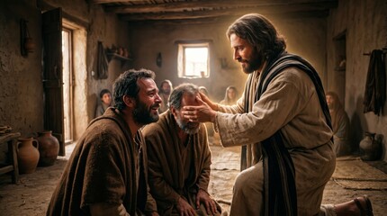 Obraz premium Jesus healing blind man in ancient house. Religious scene showing miracle of sight restoration. Biblical faith, spiritual compassion and holy grace in traditional Middle Eastern setting.