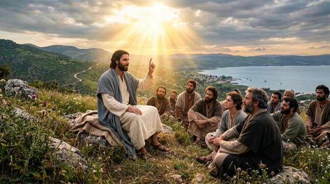 Jesus preaching to his disciples on a grassy hillside. Religious scene depicting the Sermon on the Mount. Spiritual gathering and biblical teaching in a beautiful natural landscape nature.