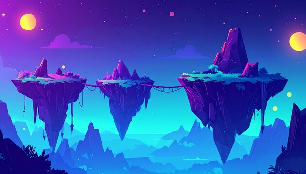 Surreal landscapes with Floating mountains, bridges and gradient sky spatial graphics depth