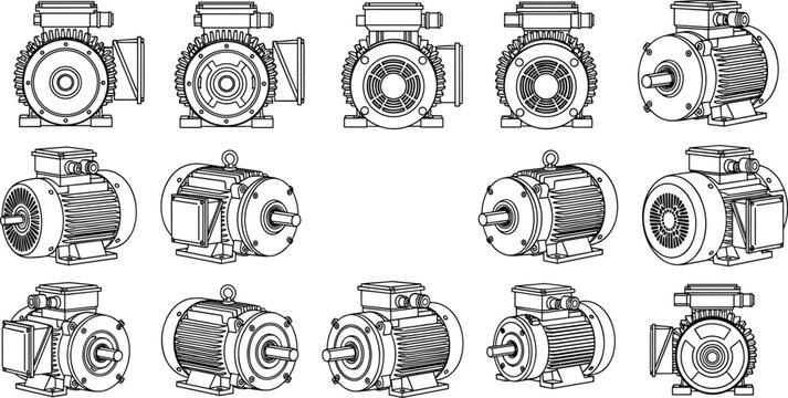 Set of professional electric motor icons black and white industrial engine machinery collection mechanical workshop tools assets heavy manufacturing equipment silhouettes isolated on white