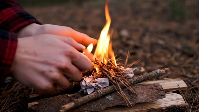 Igniting a Small Campfire Outdoors with Fire Starter and Kindling in a Forest Environment