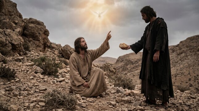 Jesus kneeling in desert pointing to dove with man holding bread. Biblical scene representing temptation of Christ and divine providence. Religious faith and spiritual connection.