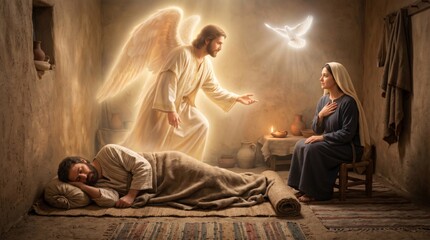Fototapeta premium Annunciation and Joseph dream scene with angel appearing to woman and sleeping man. Biblical religious artwork of divine miracle and holy spirit dove. Catholic spiritual concept.