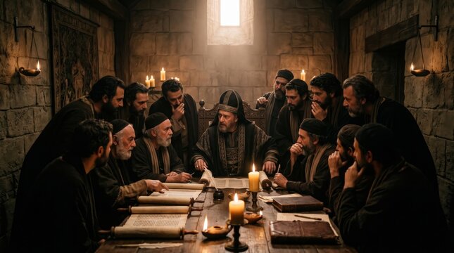 Group of disciples with teacher studying ancient scroll in stone room. Biblical scene of Jesus and apostle gathering. Catholic religious education, theological study, community faith.