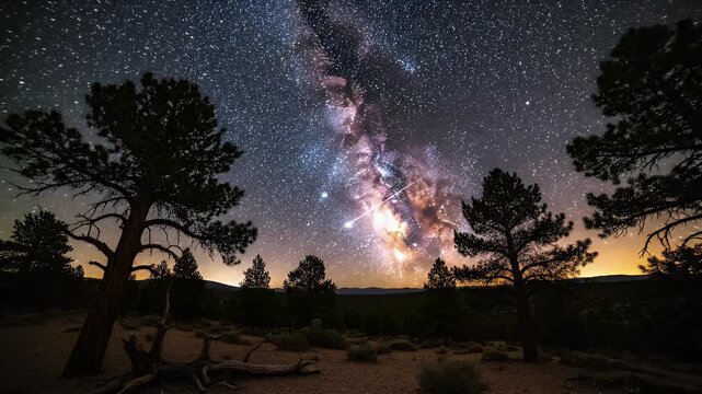Night Sky Milky Way Above Forest Clearing At Night