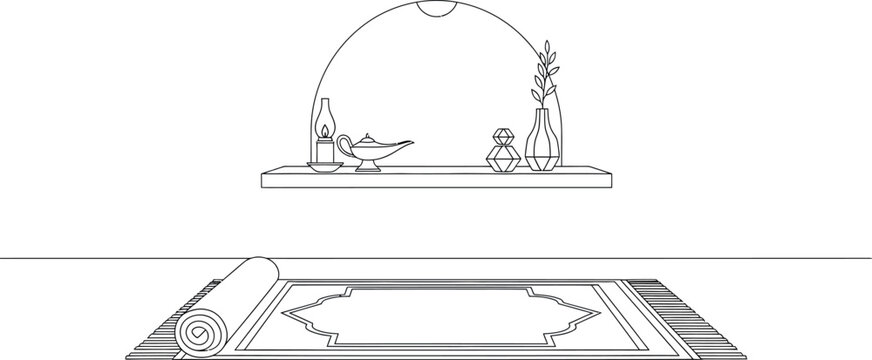 Minimalist outline illustration showing a prayer rug placed on the floor below a shelf featuring an old magic lamp decoration