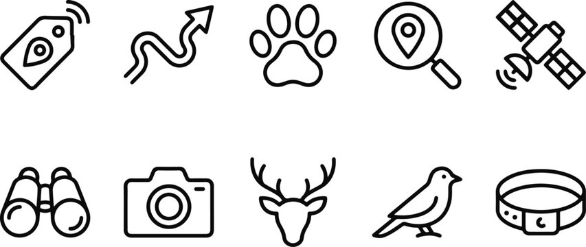 Black line icons set of tracking and wildlife concepts