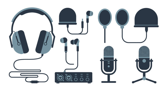 Audio Recording Equipment Set: Headphones, Microphones, Audio Interface, Earbuds