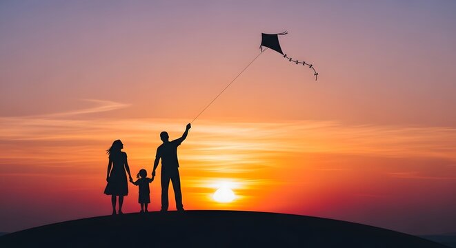 Celebrating international day of families silhouette of a family flying a kite at sunset