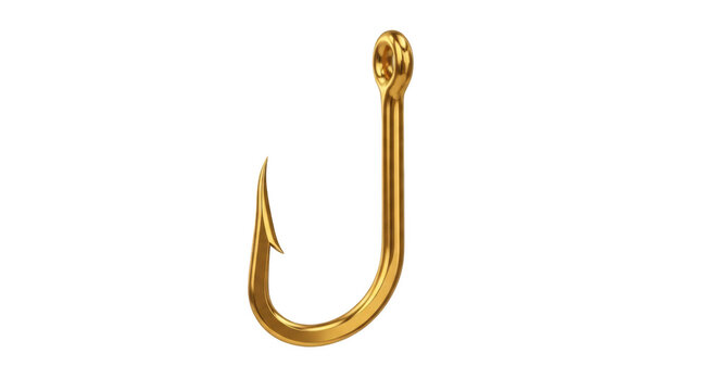 A single, shiny golden fishing hook with a sharp barb and an eyelet, rendered in a 3 d style, isolated on transparent background
