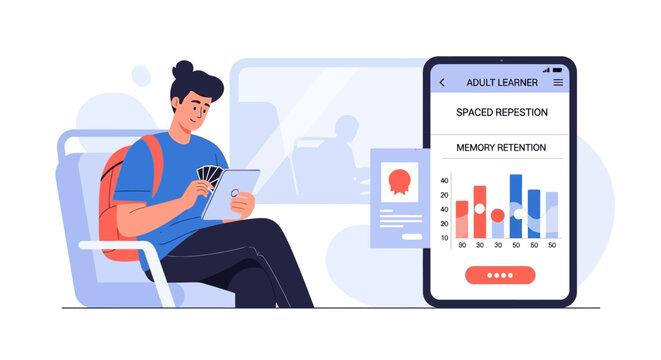 Man using flashcards and app for learning, spaced repetition