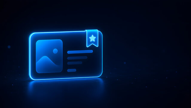 Neon Blue 3D Saved Content Card Icon on Dark Technology Background