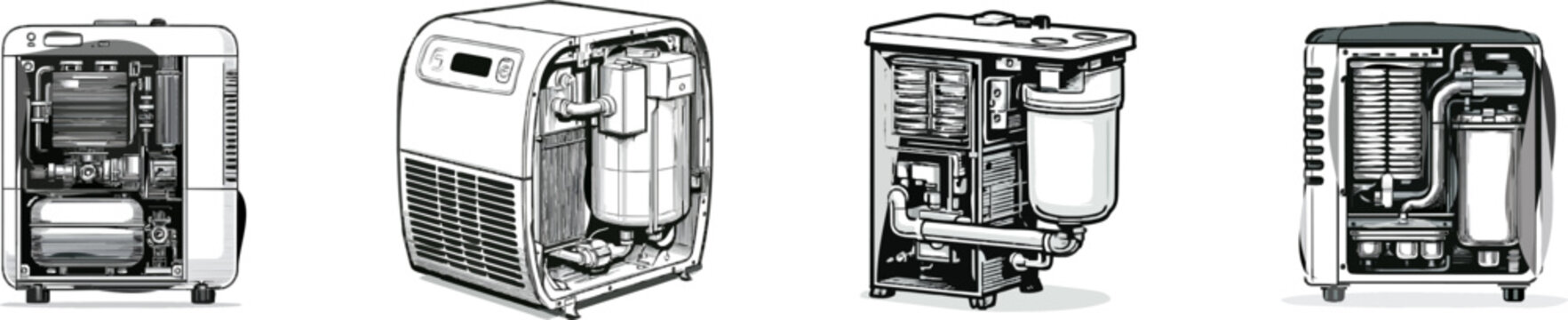A meticulously detailed monochromatic engraving of an indoor dehumidifier showcases intricate coils, tank, fine point pen details, complex precise lines, and intricate cross-hatching on a pristine