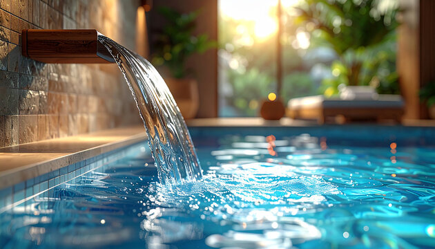 Chorro de agua en una piscina de spa con iluminaci&oacute;n c&aacute;lida y ambiente relajante de bienestar, concepto de hidroterapia, lujo, descanso, salud y experiencia sensorial