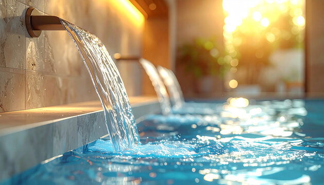 Chorro de agua en una piscina de spa con iluminaci&oacute;n c&aacute;lida y ambiente relajante de bienestar, concepto de hidroterapia, lujo, descanso, salud y experiencia sensorial