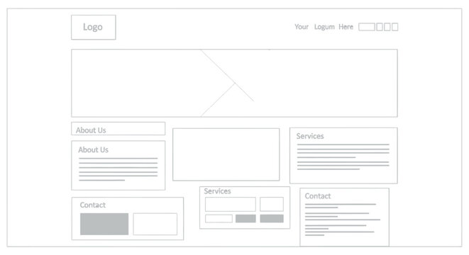 Simple website wireframe layout template featuring placeholder boxes for text and images designed for professional web developers and interface designers