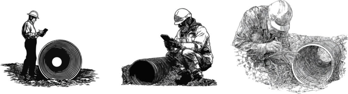 A meticulous engineer, clad in a hard hat and overalls, holds a tablet while inspecting the installation of corrugated steel pipes in a trench, surrounded by intricate cross-hatching details on a