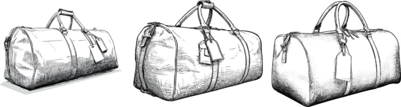 A meticulously detailed line art drawing of a classic duffel travel bag features leather straps, luggage tags, fine point pen and ink details, complex precise lines, intricate cross-hatching for