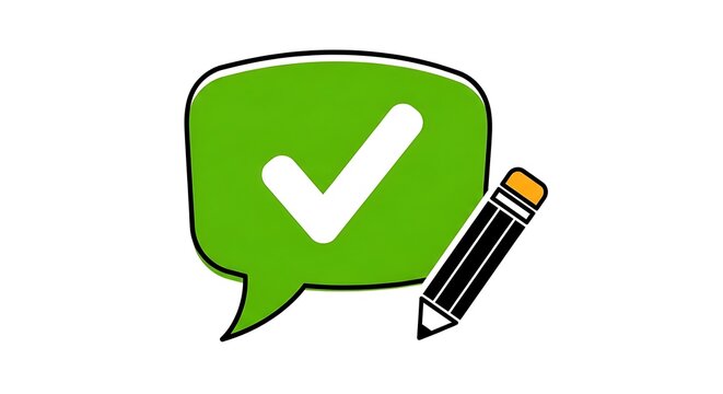 Green speech bubble with checkmark and pencil, representing confirmation or approval