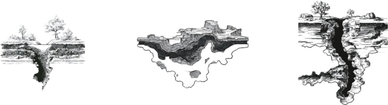 The detailed line art illustration showcases an underground GPR scan cross-section visualization map with intricate cross-hatching and stippling for texture, highlighting the geological layers