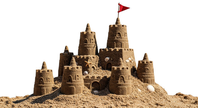 Detailed sandcastle with multiple towers, arched doorways, small seashells, and a red triangular flag, isolated on transparent