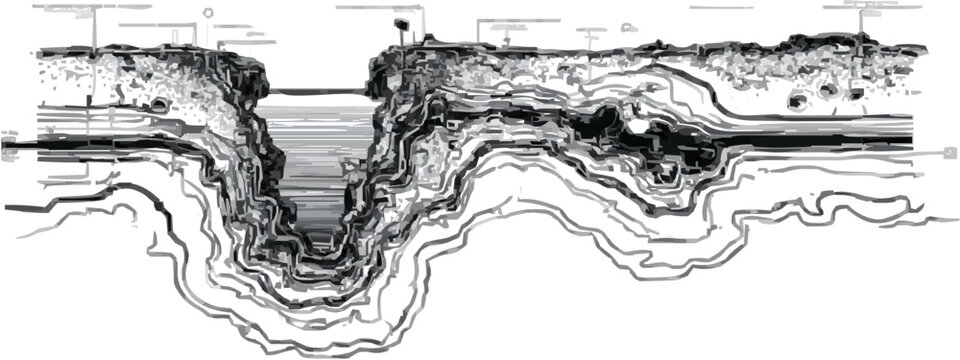 A meticulously detailed underground GPR visualization map features intricate annotations, cross-sections, complex lines, fine textures, and high-resolution imagery on a pure white background