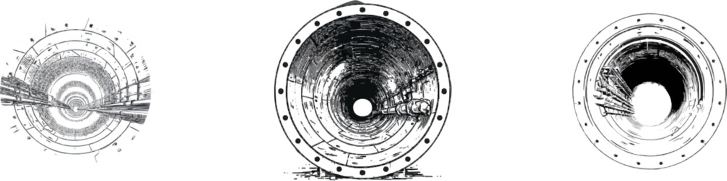 A detailed line art illustration of an underground utility tunnel features intricate cross-hatching and stippling for texture, rendered in high-resolution on a pure white background