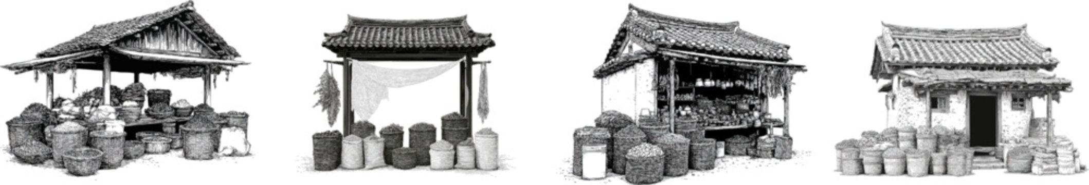 A meticulous monochromatic engraving depicts an intricately detailed Korean market stall, showcasing various baskets brimming with fresh produce under a rustic thatched roof against a pristine white