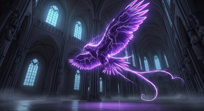 Fantasy phoenix soaring inside gothic cathedral illustration purple light effect