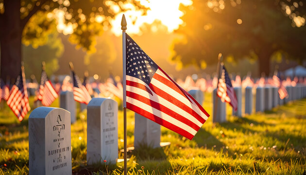 American Flag Waves Over Rows of Gravestones at Sunset in National Cemetery.